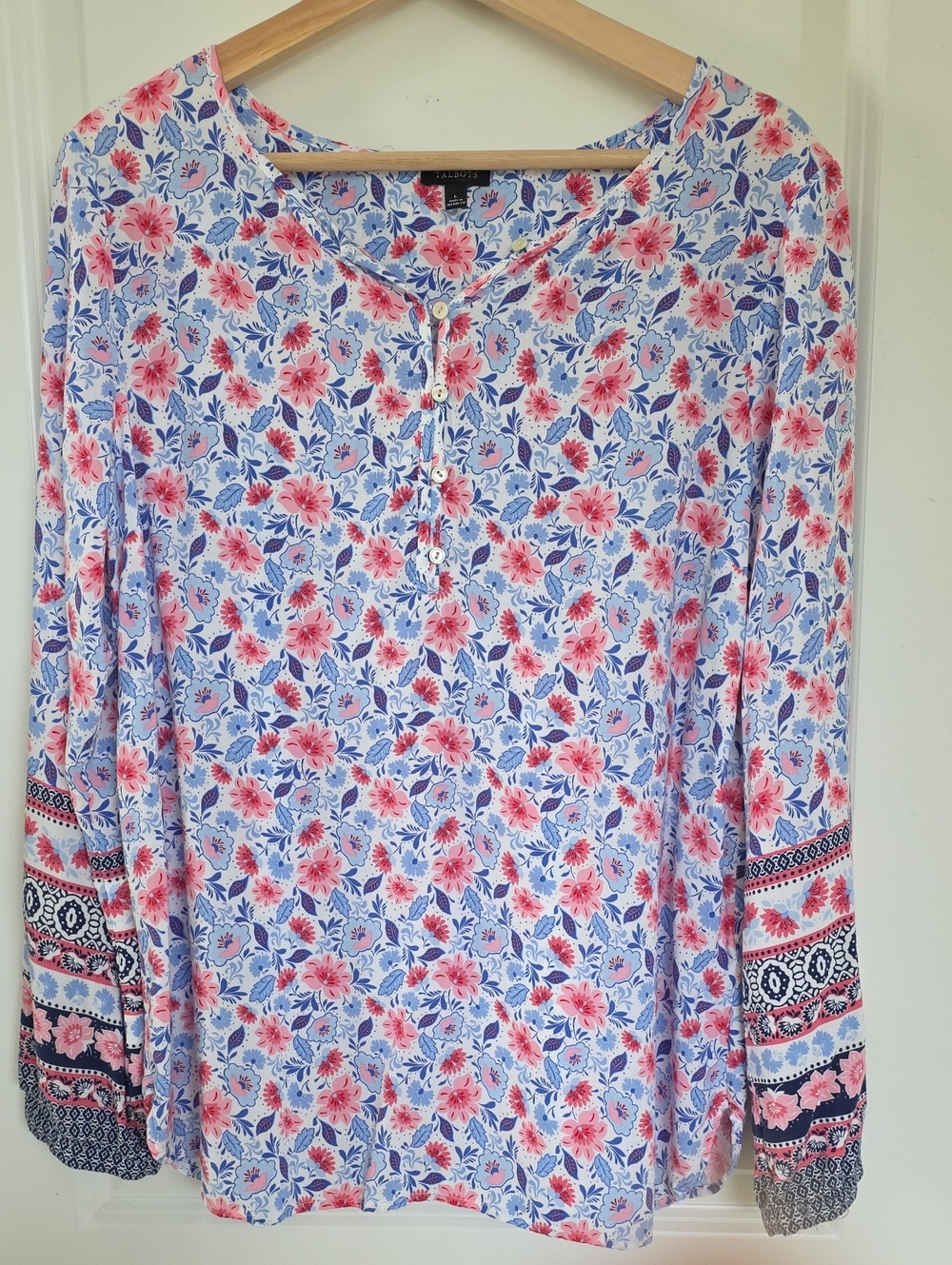 Talbots Floral Henley Tunic - White, Pink, Blue